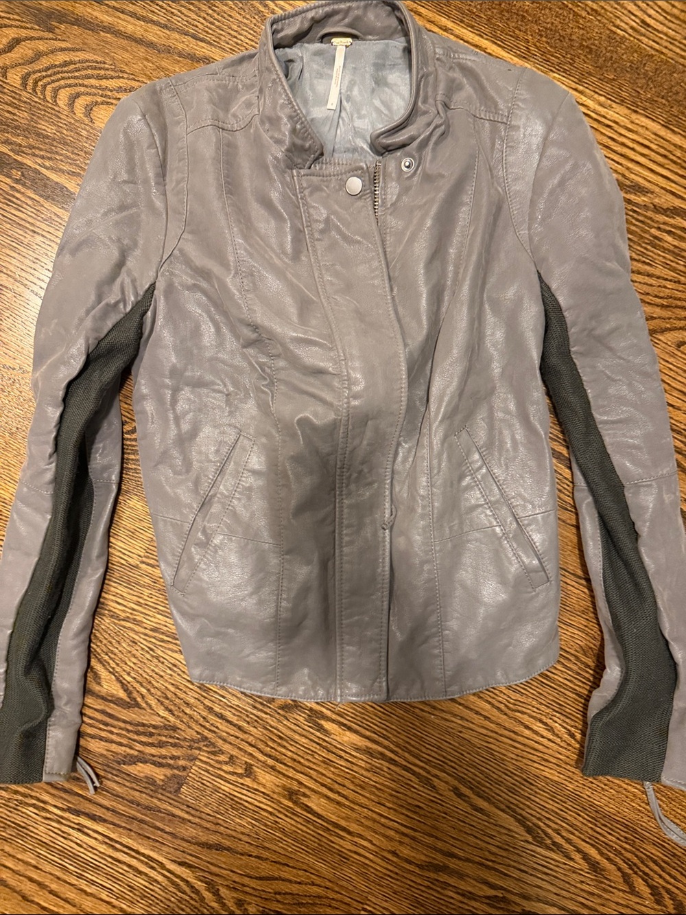 Free People Gray Leather Moto Jacket with Black Side Panels